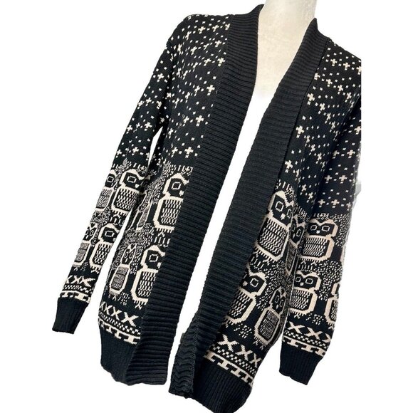 ANYBODY Collection Owl Sweater Women’s Lg Black/Tan Open Front Long Sleeve READ* - Picture 2 of 15